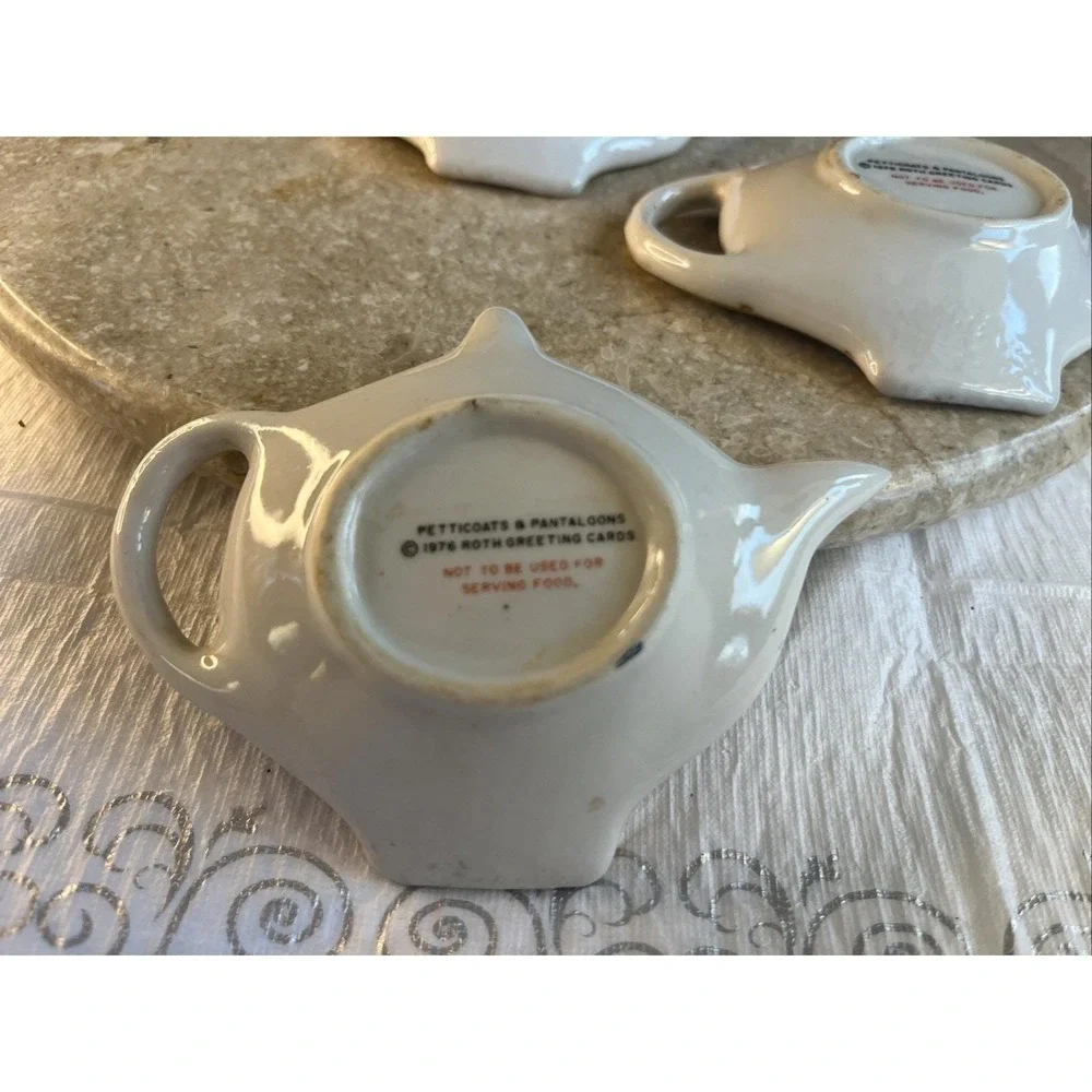 Set Of 3 Petticoats & Pantaloons 1976 Porcelain Tea Bag Holders Dish Excellent